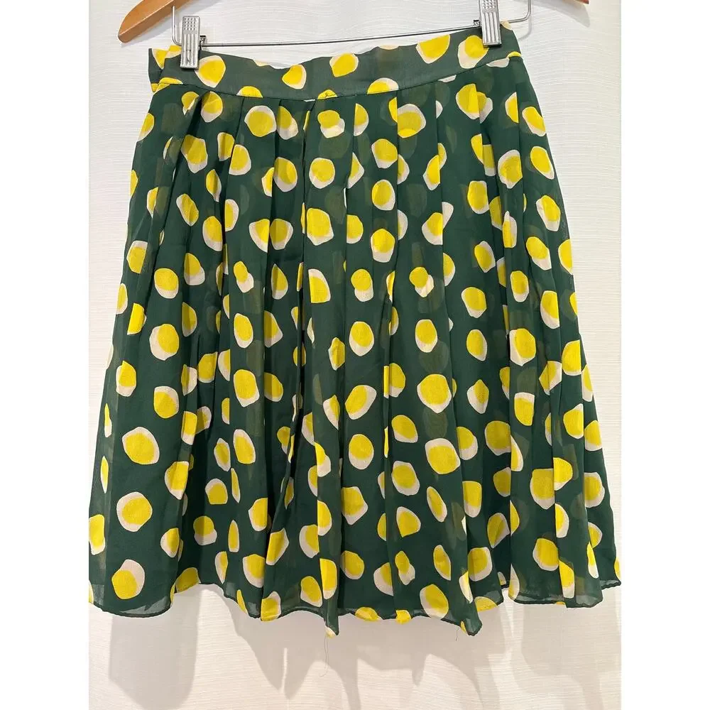 MAX MARA VTG Y2K Silk Chiffon Pleated Green Lemon Yellow Dot Print Skirt US Sz 8 - Picture 3 of 6